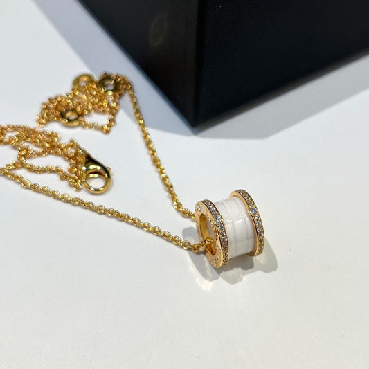[Dawnora Jewelry]ZERO 1 WHITE CERAMIC DIAMOND PINK GOLD NECKLACE