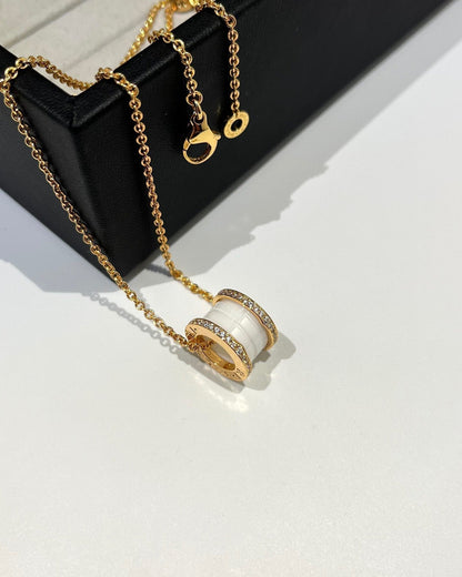 [Dawnora Jewelry]ZERO 1 WHITE CERAMIC DIAMOND PINK GOLD NECKLACE